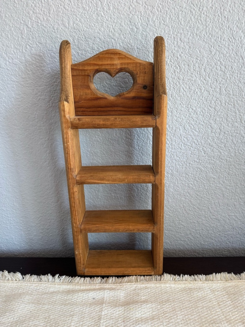 Vintage Country Farmhouse Pine Wood Mini Ladder Shelf with Heart Cutout